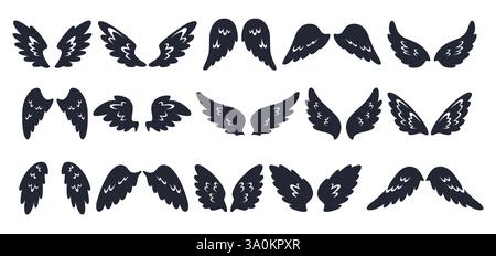 Angel wings silhouettes. Graphic holy heraldic icons. Decorative flying elements. Bird limbs with feathers. Angelic innocence aureole. Celestial saint Stock Vector