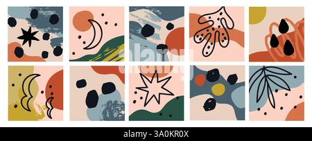 Abstract shapes collages. Modern trendy graphic. Contemporary elements. Doodle spots and dots. Brushstrokes cover template. Square cards. Scribble Stock Vector