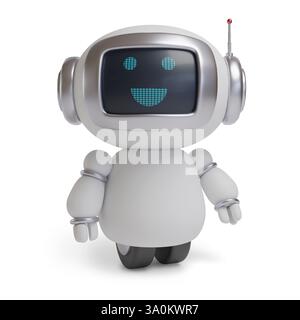 Cute happy robot isolated on white background. 3d illustration. Stock Photo