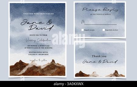 Set of Wedding Invitation with Watercolor Mountain Landscape and Blue Sky Stock Vector