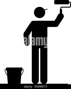 Painter with paint roller and bucket pictogram icon illustration Stock Vector