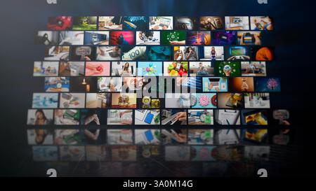 Media concept multiple television screens. Media library streaming service concept Stock Photo