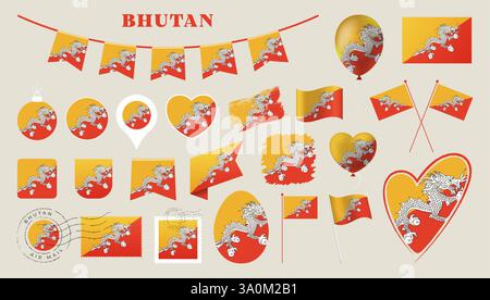Bhutan flag set. Various National flag collection with different shapes like heart, shield, easter egg, location, circle, postmark, grunge, square, ro Stock Vector