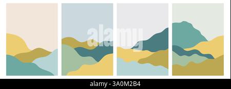 Japanese landscape background with wavy hills and montains. Abstract template with wavy shapes. Mountain layout design in oriental style. Stock Vector