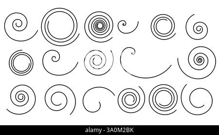 A collection of black spiral and swirl line drawings on a white background. Abstract, minimal, and geometric design with various curved and circular p Stock Vector