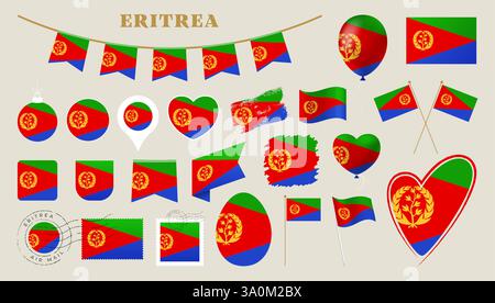 eritrea flag set. Various National flag collection with different shapes like heart, shield, easter egg, location, circle, postmark, grunge, square, r Stock Vector