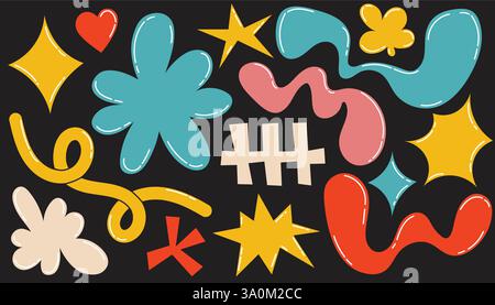 A vibrant abstract composition featuring various geometric and organic shapes on a black background. The playful design includes stars, squiggles, hea Stock Vector