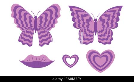 Set of girly groovy butterfly and hearts print. Hypnotic retro style. Modern design elements for posters, T shirts, invitations, postcards. Stock Vector