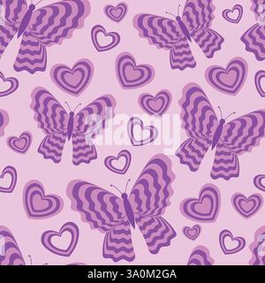 Flying groovy pretty striped butterflies and hearts silhouette seamless pattern. Childish fashion textile print design. Stock Vector