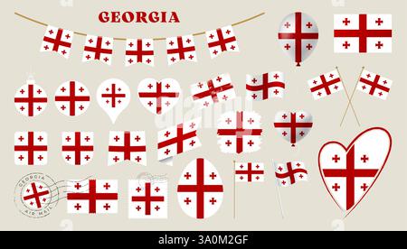 Georgia flag set. Various National flag collection with different shapes like heart, shield, easter egg, location, circle, postmark, grunge, square, r Stock Vector