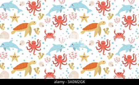 Playful dancing sea animals. Turtle, dolphins, octopus and crab seamless pattern can be use for background decoration and apparel design. Stock Vector
