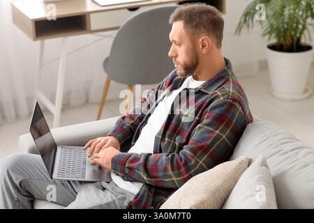 Handsome bearded man using laptop on grey sofa in living room Stock Photo