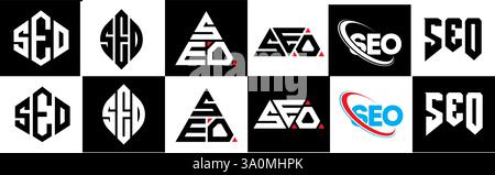 SEO letter logo design in six style. SEO polygon, circle, triangle, hexagon, flat and simple style with black and white color variation letter logo se Stock Vector
