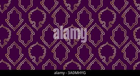 Mashrabiya print. Arabic window and islamic doors frame shape seamless pattern. Oriental architecture elements. Stock Vector