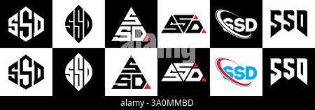SSD letter logo design in six style. SSD polygon, circle, triangle, hexagon, flat and simple style with black and white color variation letter logo se Stock Vector