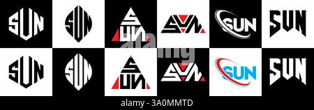 SUN letter logo design in six style. SUN polygon, circle, triangle, hexagon, flat and simple style with black and white color variation letter logo se Stock Vector