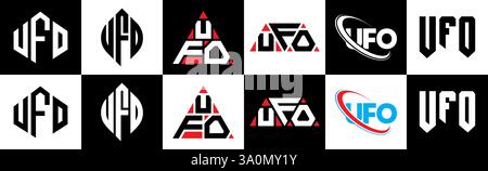 UFO letter logo design in six style. UFO polygon, circle, triangle, hexagon, flat and simple style with black and white color variation letter logo se Stock Vector