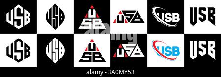 USB letter logo design in six style. USB polygon, circle, triangle, hexagon, flat and simple style with black and white color variation letter logo se Stock Vector