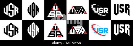 USR letter logo design in six style. USR polygon, circle, triangle, hexagon, flat and simple style with black and white color variation letter logo se Stock Vector