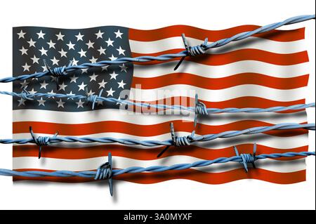 American USA flag Stars and Stripes surrounded by barbed wire. Concept on US Border crisis and taxes  on imports. Isolated on white background. Stock Photo