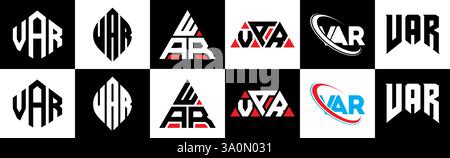 VAR letter logo design in six style. VAR polygon, circle, triangle, hexagon, flat and simple style with black and white color variation letter logo se Stock Vector