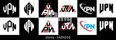VPN letter logo design in six style. VPN polygon, circle, triangle, hexagon, flat and simple style with black and white color variation letter logo se Stock Vector