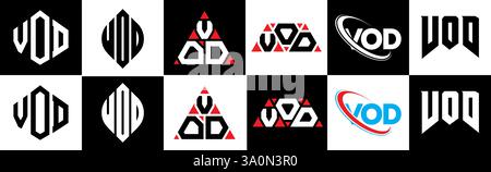 VOD letter logo design in six style. VOD polygon, circle, triangle, hexagon, flat and simple style with black and white color variation letter logo se Stock Vector