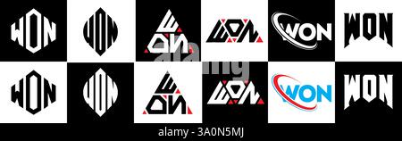 WON letter logo design in six style. WON polygon, circle, triangle, hexagon, flat and simple style with black and white color variation letter logo se Stock Vector