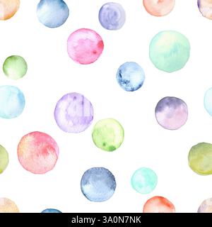 Polka dot multi-colored watercolor seamless pattern. Abstract watercolour background with colorful circles on white. Hand drawn round shaped texture. Stock Photo