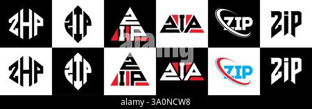 ZIP letter logo design in six style. ZIP polygon, circle, triangle, hexagon, flat and simple style with black and white color variation letter logo se Stock Vector