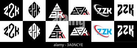 ZZK letter logo design in six style. ZZK polygon, circle, triangle, hexagon, flat and simple style with black and white color variation letter logo se Stock Vector