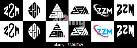 ZZM letter logo design in six style. ZZM polygon, circle, triangle, hexagon, flat and simple style with black and white color variation letter logo se Stock Vector