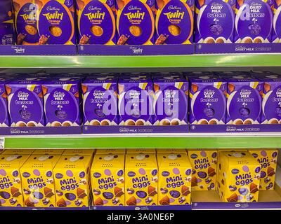 Cadbury chocolate Easter eggs on shelves is a supermarket Stock Photo