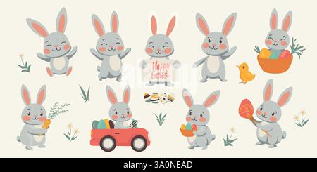 Cute Easter Bunny Vector Set, Rabbits Holding Eggs, Driving a Car, Playing With Chicks, Holding a Sign. Easter Bunny Clipart for Cards, Stickers Stock Vector