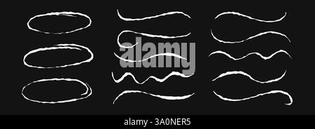 Hand drawn chalk circles and lines set. White pastel underlines and strokes collection. Wavy crayon brushstroke bundles. Rough sketch marks and highlights for divide, separate and emphasis. Vector Stock Vector
