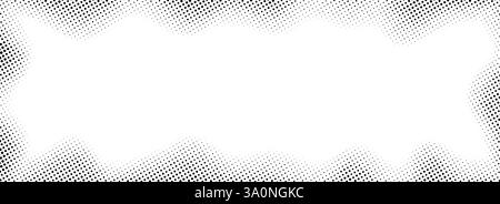Halftone rectangle grain frame. Black comic dotted wavy border. Pop art fading gradient frame backdrop. Black and white grunge abstract framing background. Vector dot texture graphic design wallpaper Stock Vector