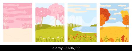 Four seasons of nature set poster for children. Winter, spring, summer and autumn landscapes with trees, flowers, river and mountains. Bright art, simple design, seasonal vector cartoon illustration Stock Vector