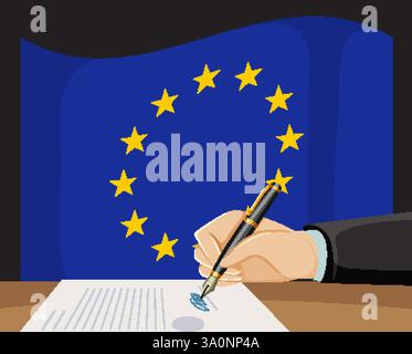 Hand signing document with EU flag background Stock Vector