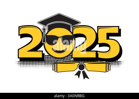 Graduation class of 2025. Emoticon smiles in the graduation cap. Stock Vector