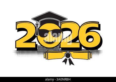 Graduation class of 2026. Emoticon smiles in the graduation cap. Stock Vector