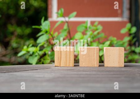 Three blank wooden toy blocks on rustic table with green plants background. Stock Photo