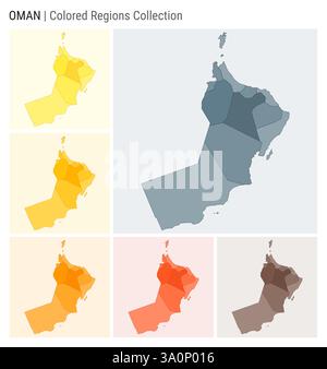 Oman map collection. Country shape with colored regions. Blue Grey, Yellow, Amber, Orange, Deep Orange, Brown color palettes. Stock Vector