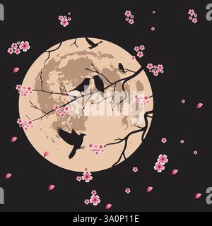 A mesmerizing illustration of a full moon illuminating a dark night sky, with silhouettes of birds perched on cherry blossom-covered branches. Stock Vector