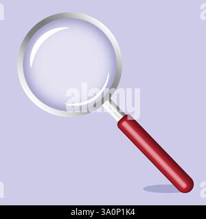 A detailed digital illustration of a magnifying glass with a metallic silver frame and a reflective glass lens.The handle is red with a glossy finish. Stock Vector
