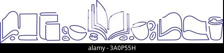 Open book, cup of tea, coffee. Vector line symbol. Work desk for education. Cafe shop, food design. Abstract silhouette graphic design. Editable strok Stock Vector