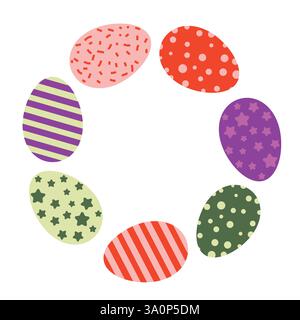 Brightly Colored Easter Eggs in a Circular Arrangement Frame with Patterns Stock Vector