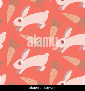 Playful Cartoon Rabbits and Carrots Seamless Pattern on Coral Background Stock Vector