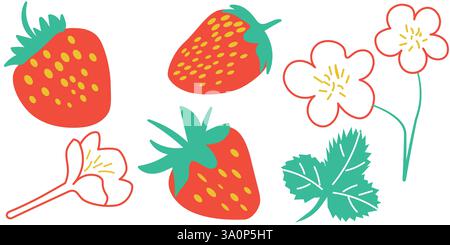 Bright Illustrated Strawberries With Flowers and Leaves on White Background Stock Vector