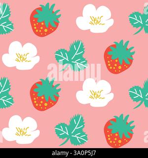 Strawberry Themed Botanical Pattern with Green Leaves and White Flowers Stock Vector