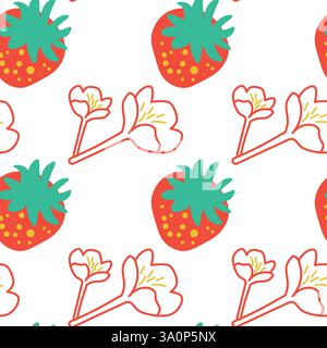 Seamless Pattern Featuring Strawberries and Flowers for Decorative Applications Stock Vector